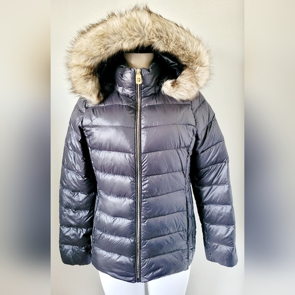Michael Kors 90% Down Ultra Lightweight Black Puffer Jacket Faux Fur Trim Small - Picture 3 of 16
